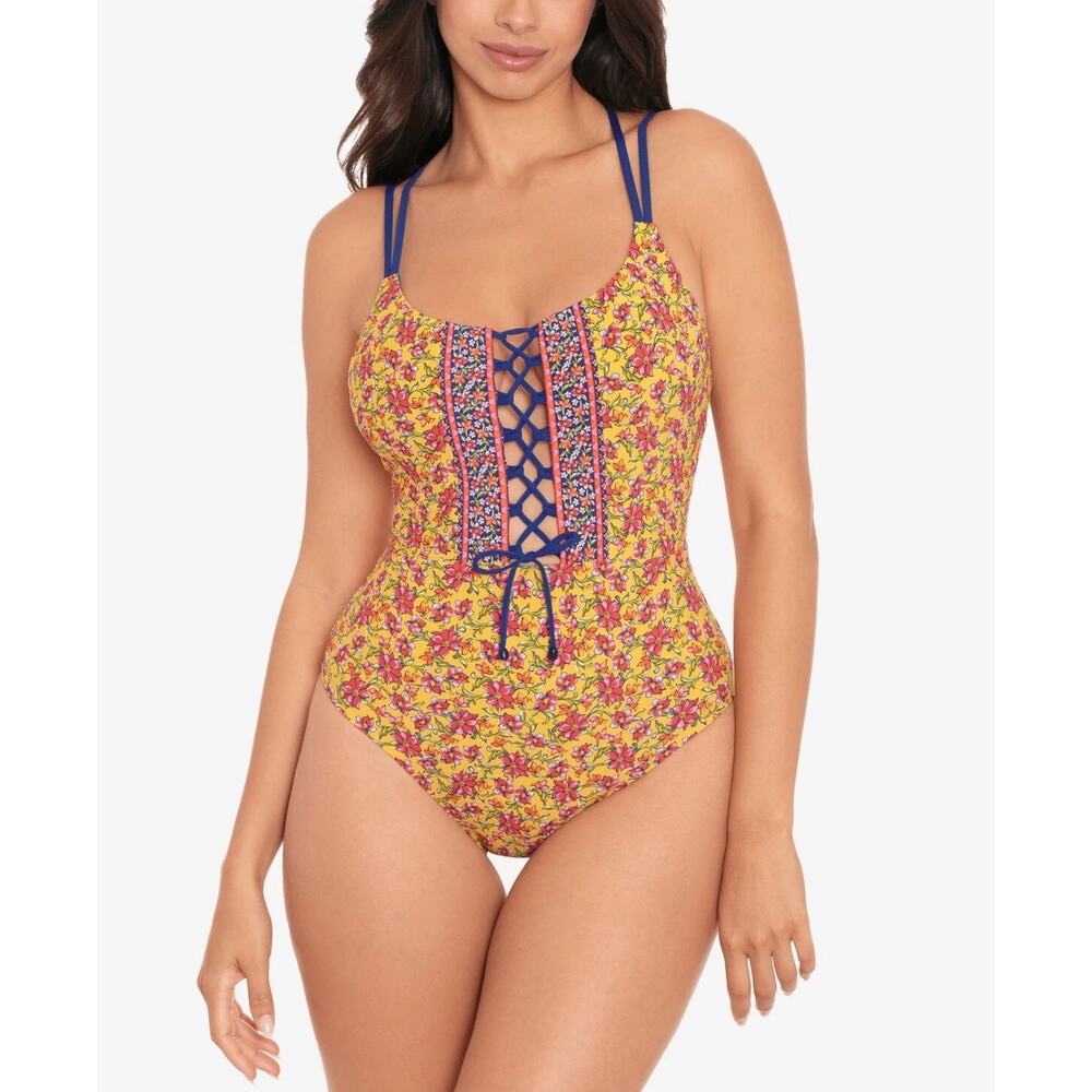Skinny Dippers One Piece Swimsuit Floral Lace Up Front Blue Trim Size M summer